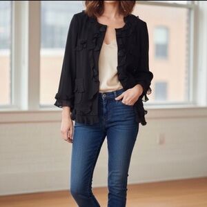 Rebecca Taylor Ruffle Blazer Jacket Black Silk Linen 8 New Romantic Designer Y2K